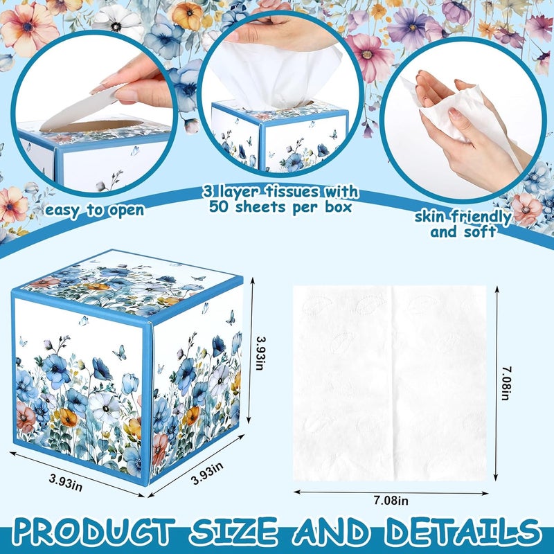 Fourluoo 12 Pack Floral Facial Tissues Cube Boxes 600 Sheets 3 Ply Small Square Wildflowers Face Tissues Bulk for Summer Fall Car Bedroom Supplies - Image 3
